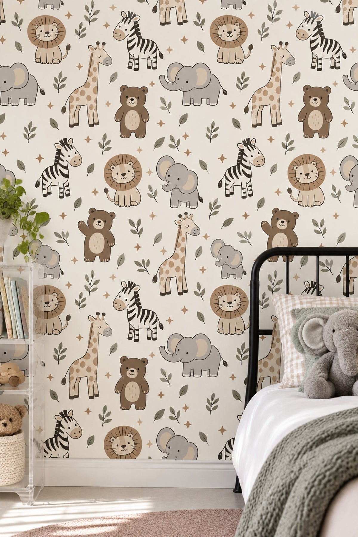 Safari Animals Wallpaper Leaf Pattern In Cream Beige And Sage Green