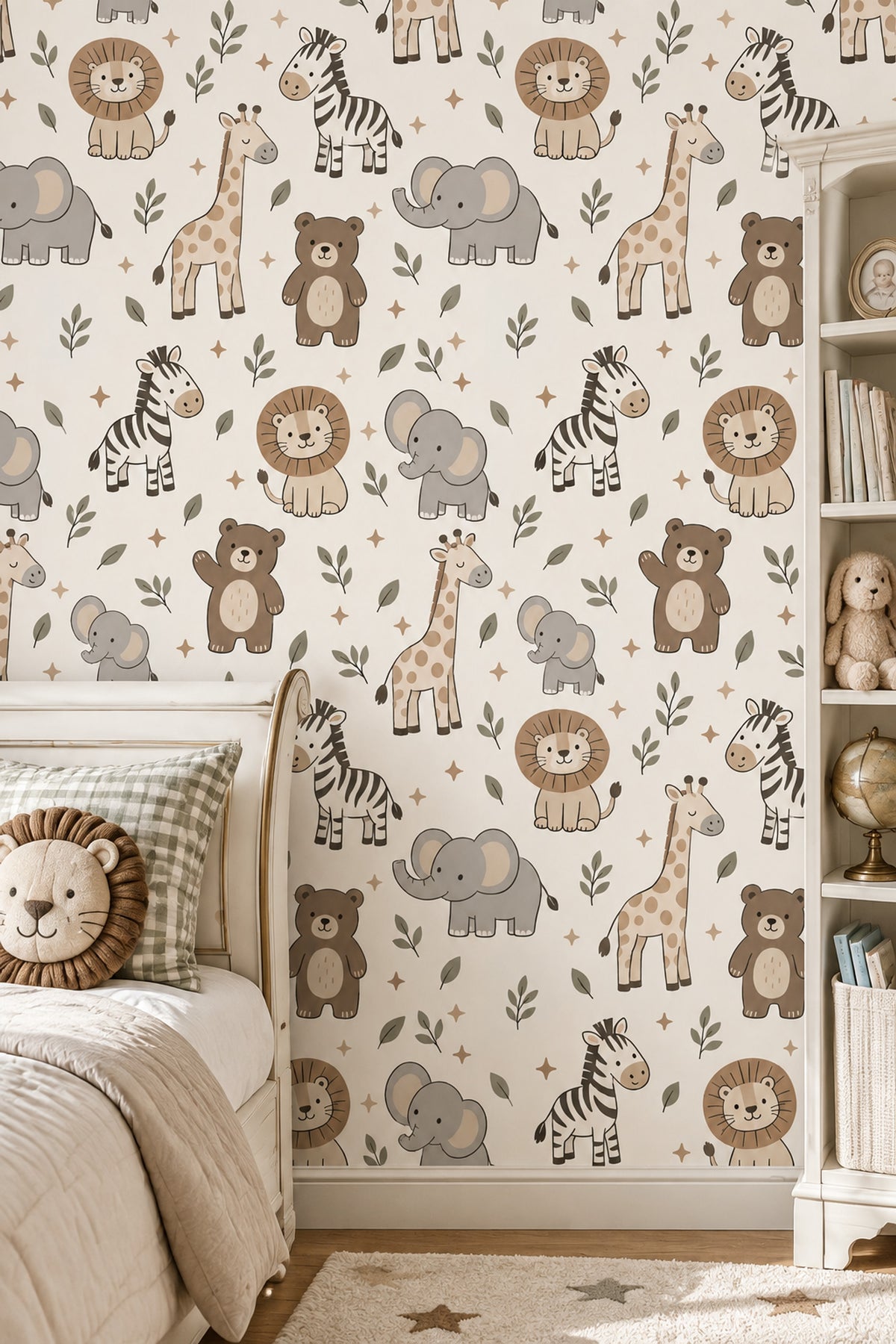 Safari Animals Wallpaper Leaf Pattern In Cream Beige And Sage Green