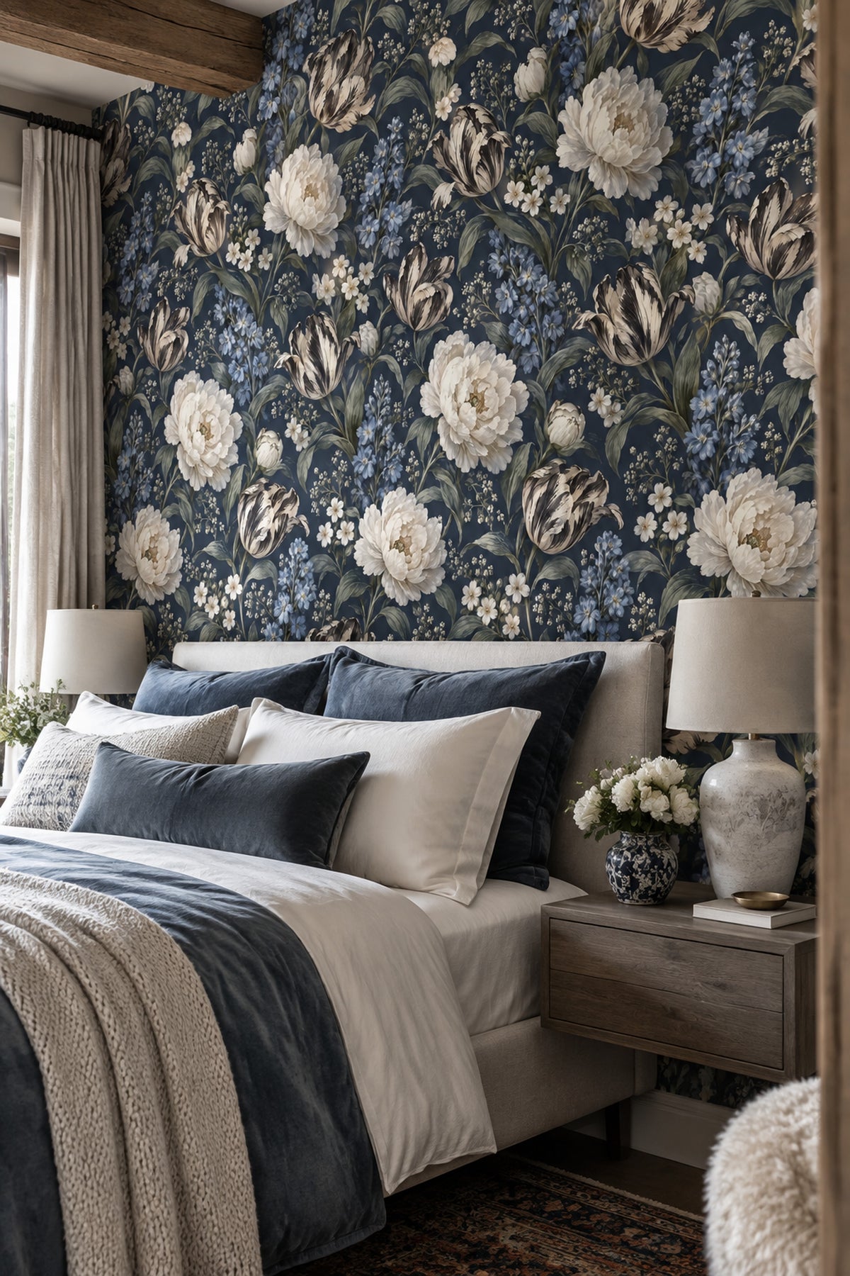 Peony And Tulip Wallpaper Dark Floral Navy Background