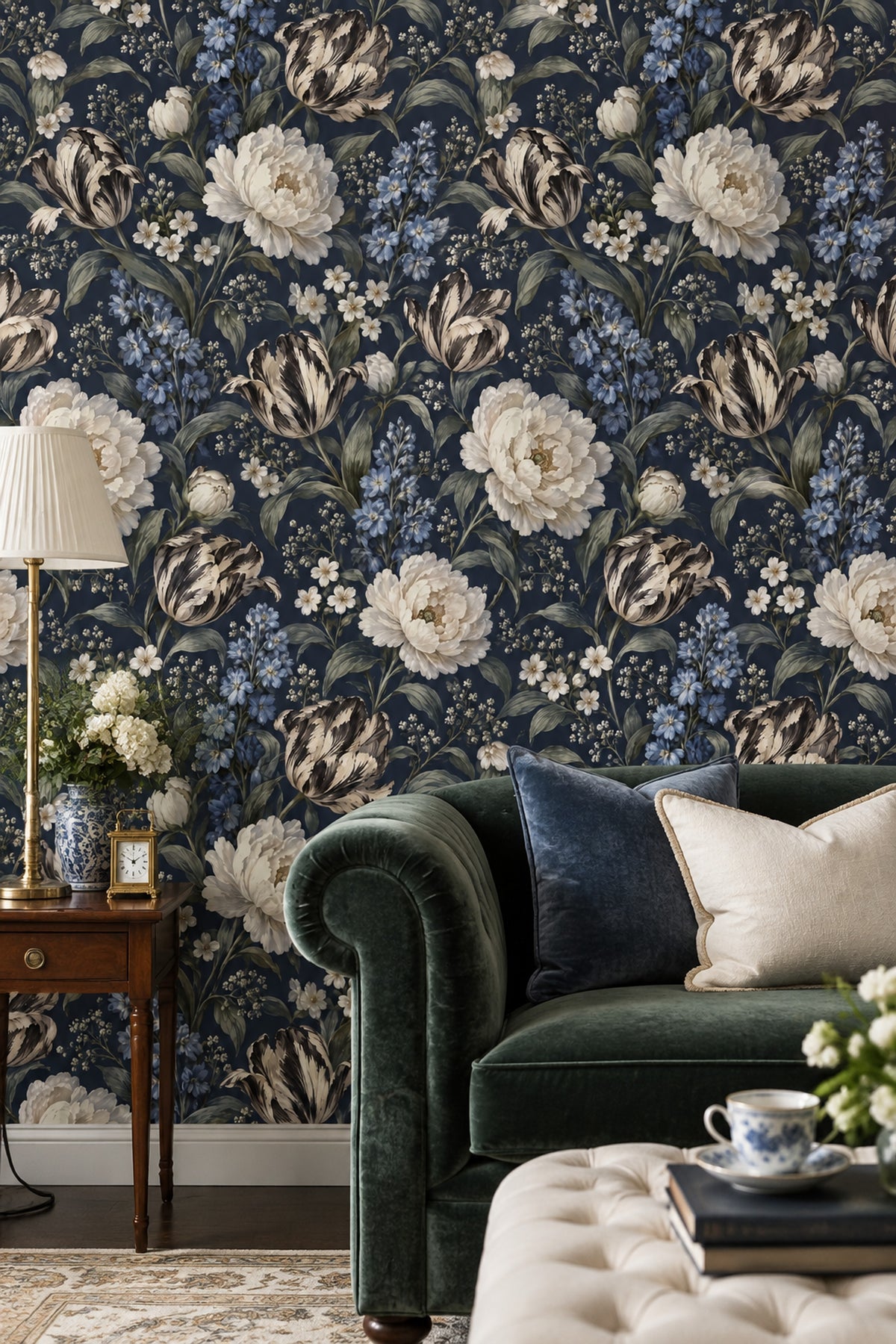 Peony And Tulip Wallpaper Dark Floral Navy Background