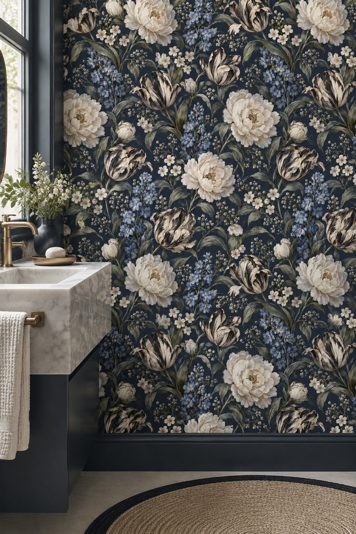 Peony And Tulip Wallpaper Dark Floral Navy Background