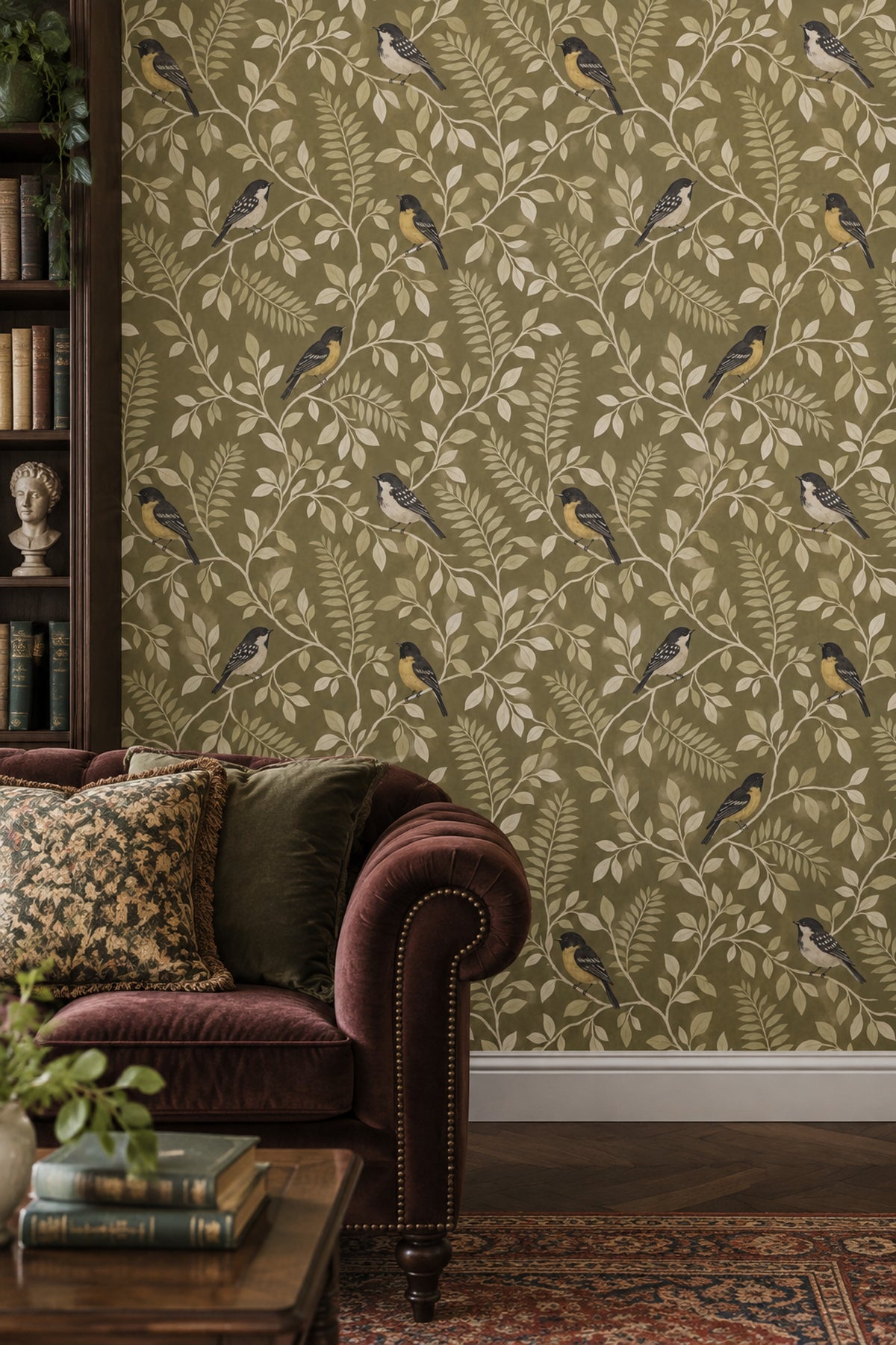 Birds Wallpaper Olive Green Leafy Vines