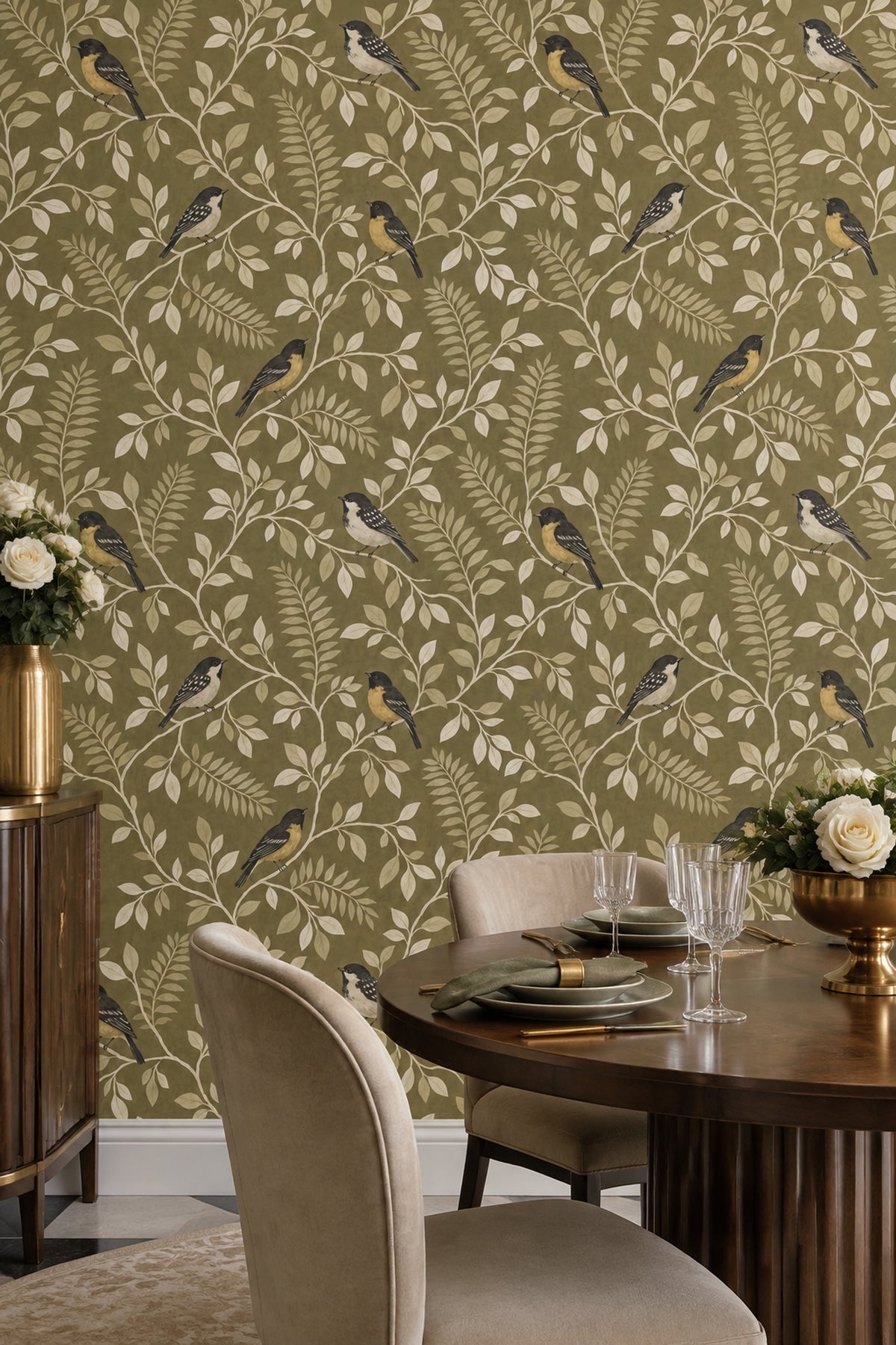 Birds Wallpaper Olive Green Leafy Vines