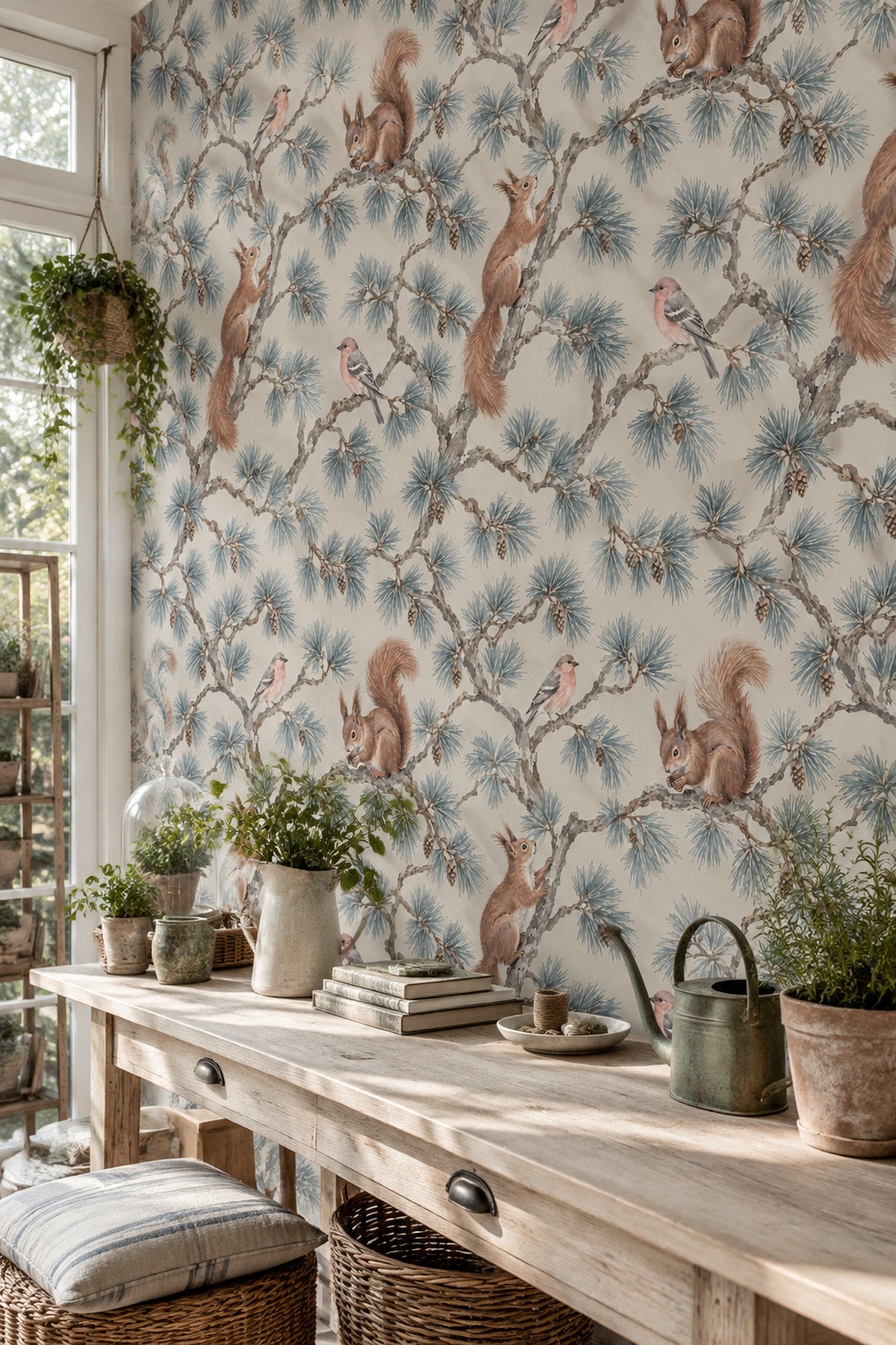 Woodland Wallpaper Pine Branches Squirrels And Birds Pattern