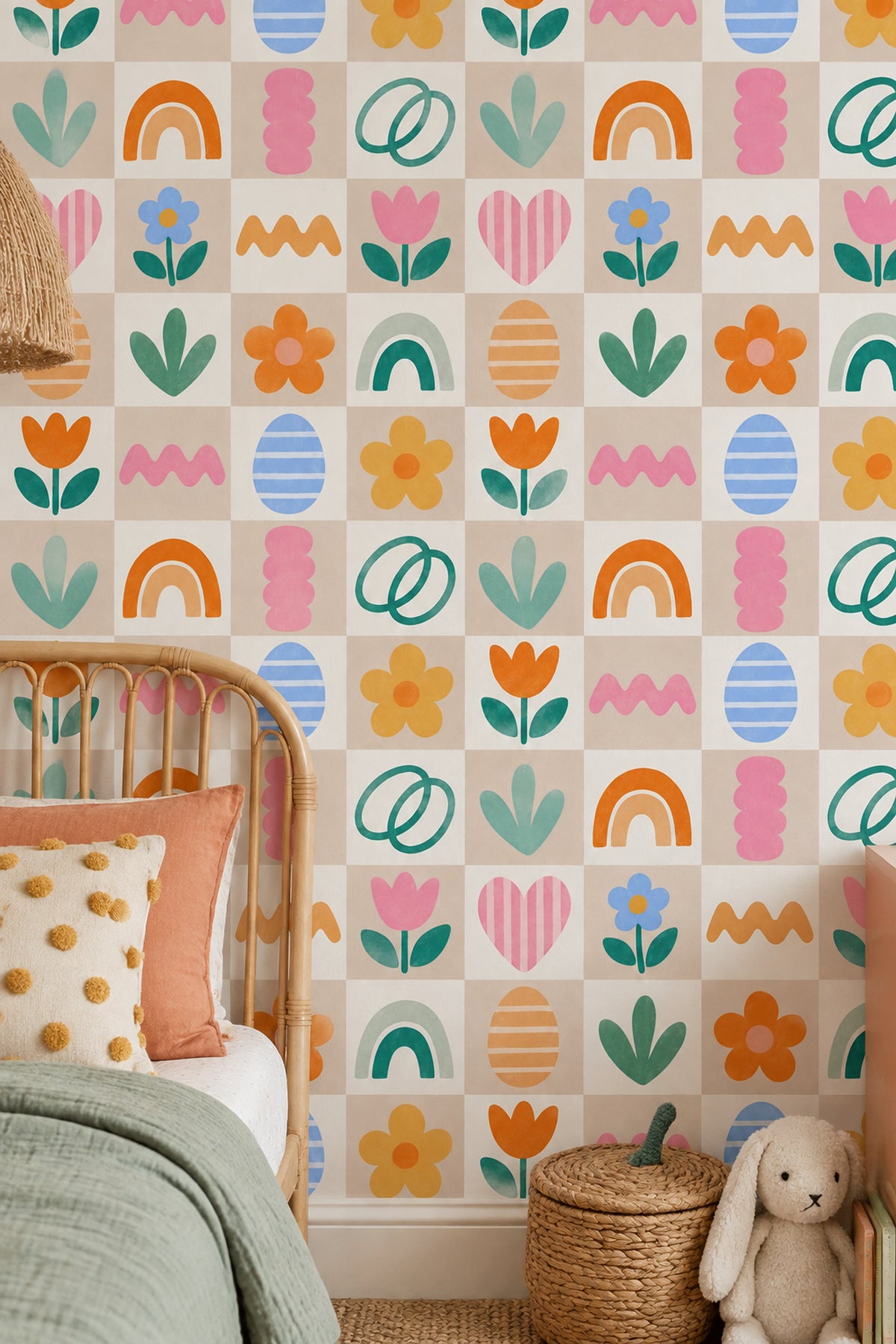 Playful Floral Icons Wallpaper Pastel Rainbow Grid