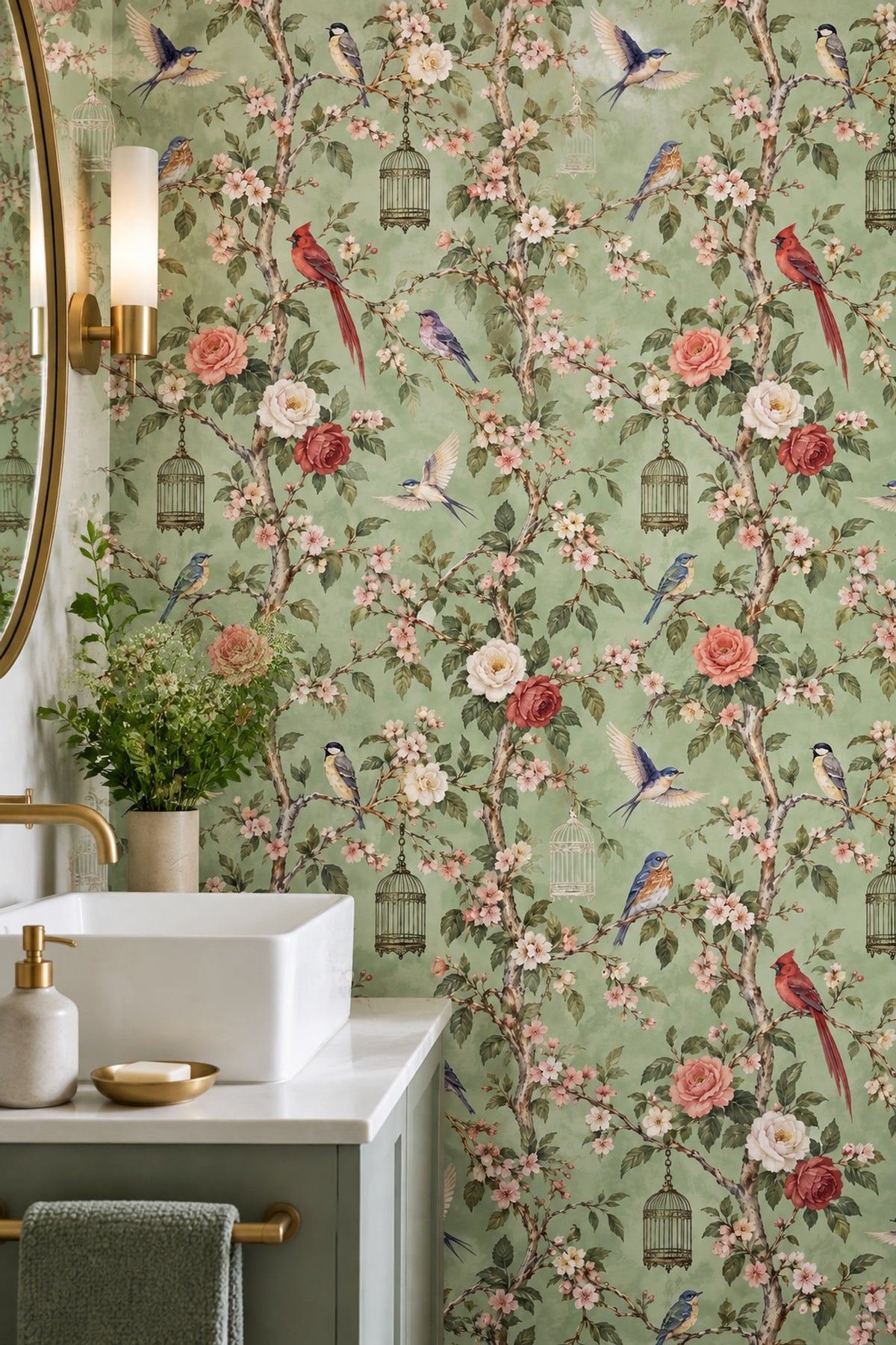 Blossom Birds Wallpaper Sage Green Chinoiserie Pattern