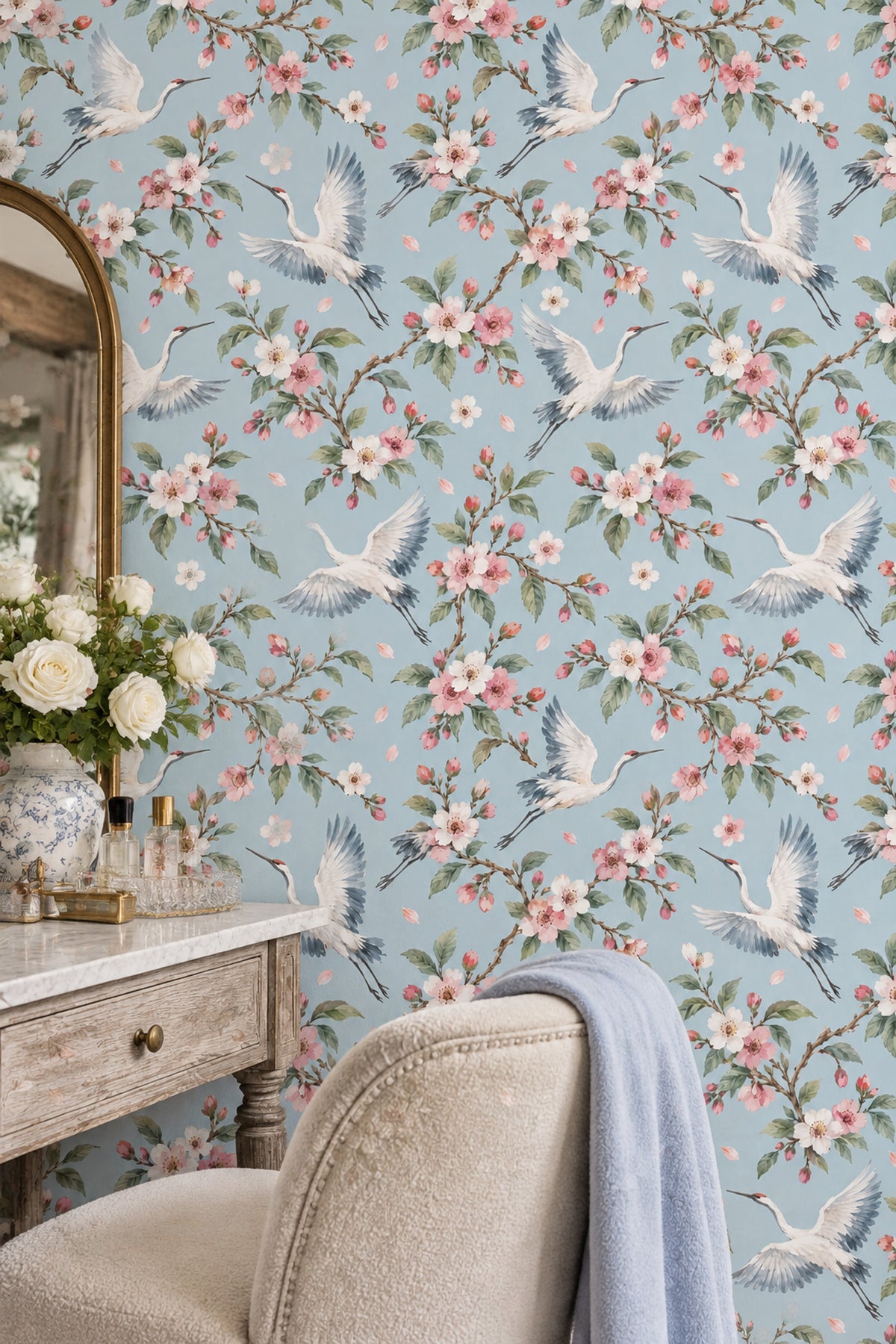 Cranes Wallpaper Cherry Blossom Watercolor Blue Background