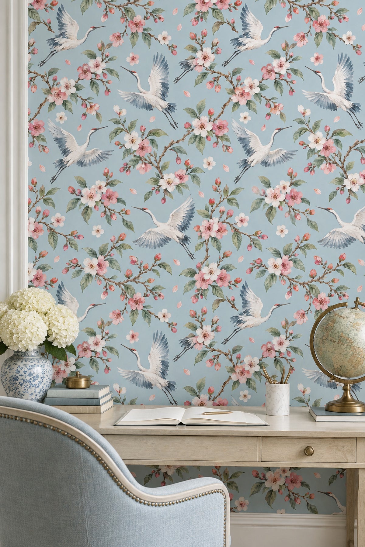 Cranes Wallpaper Cherry Blossom Watercolor Blue Background