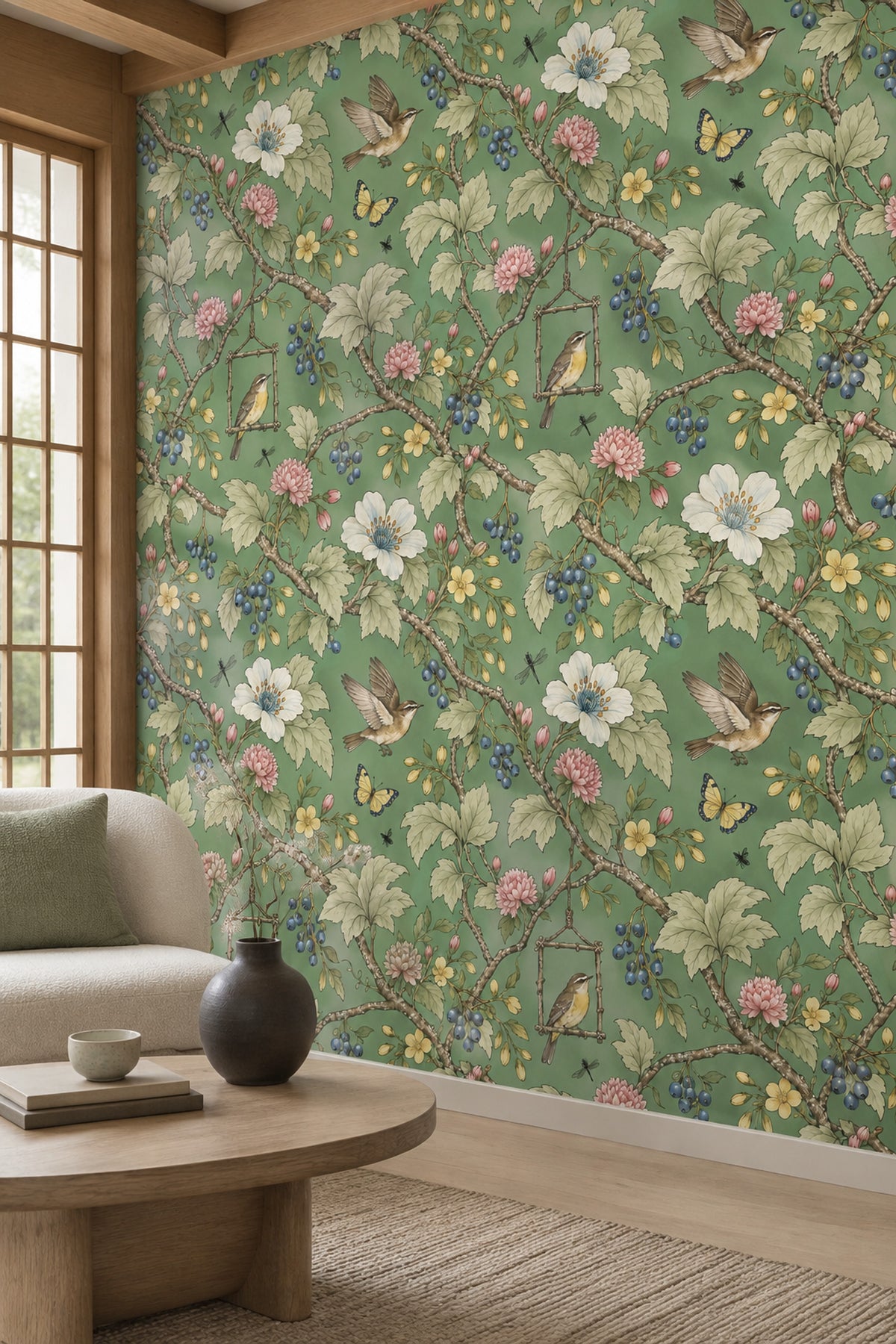 Birds And Branches Wallpaper Sage Green Vintage Garden