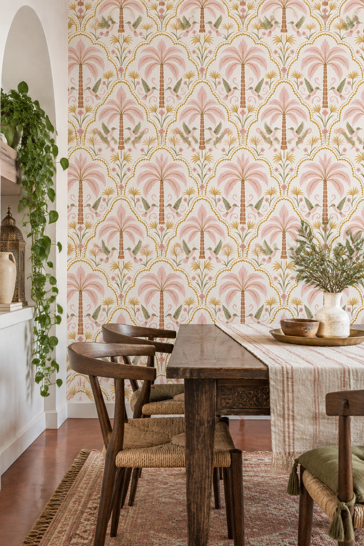 Palm Trees And Hummingbirds Wallpaper Gold Trellis Pink On Ivory