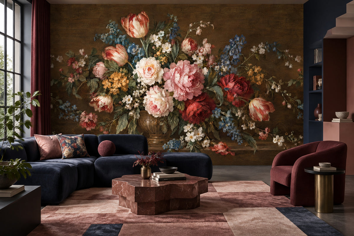 Vintage Vase Floral Wallpaper Dark Wall Mural