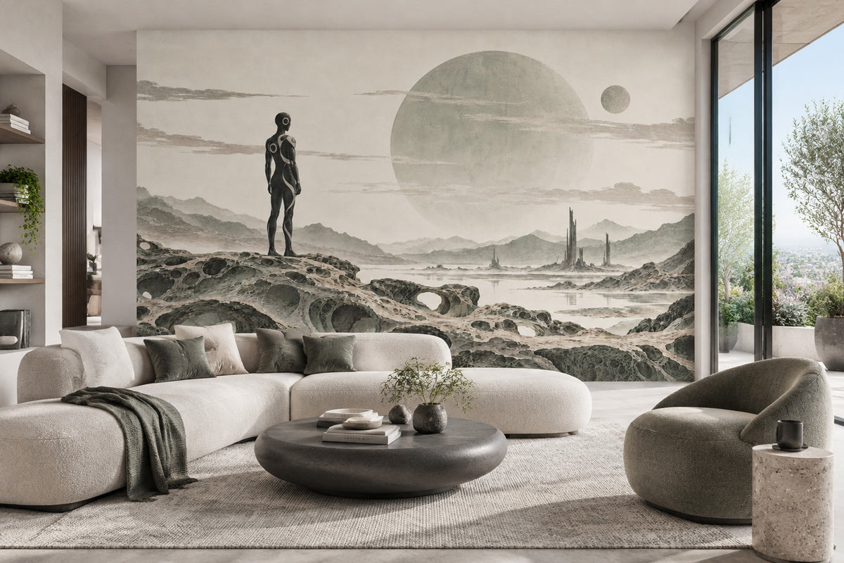 Alien Planet Explorer Wallpaper Beige Sci Fi Landscape Wall Mural