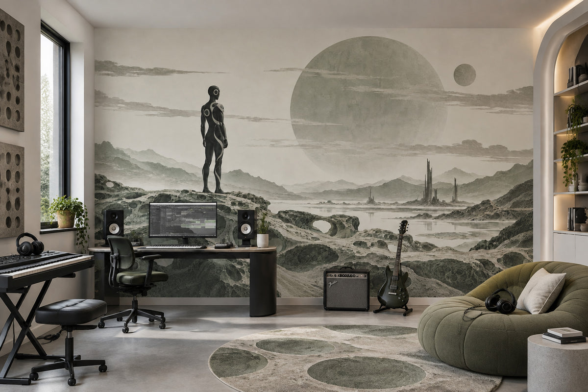 Alien Planet Explorer Wallpaper Beige Sci Fi Landscape Wall Mural