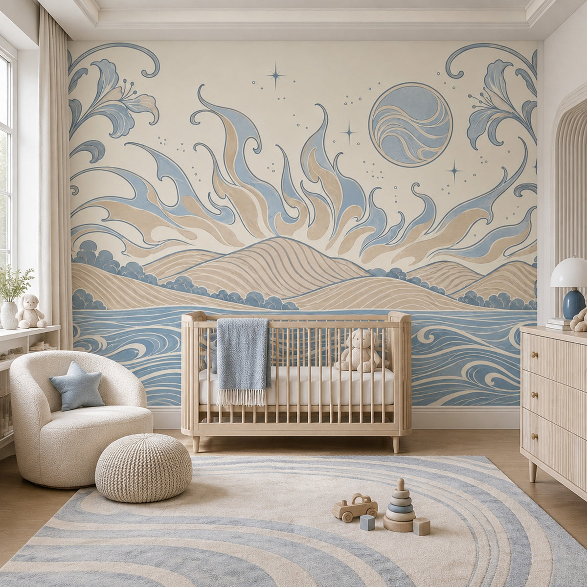 Art Nouveau Coastal Landscape Wallpaper Celestial Floral Border Wall Mural