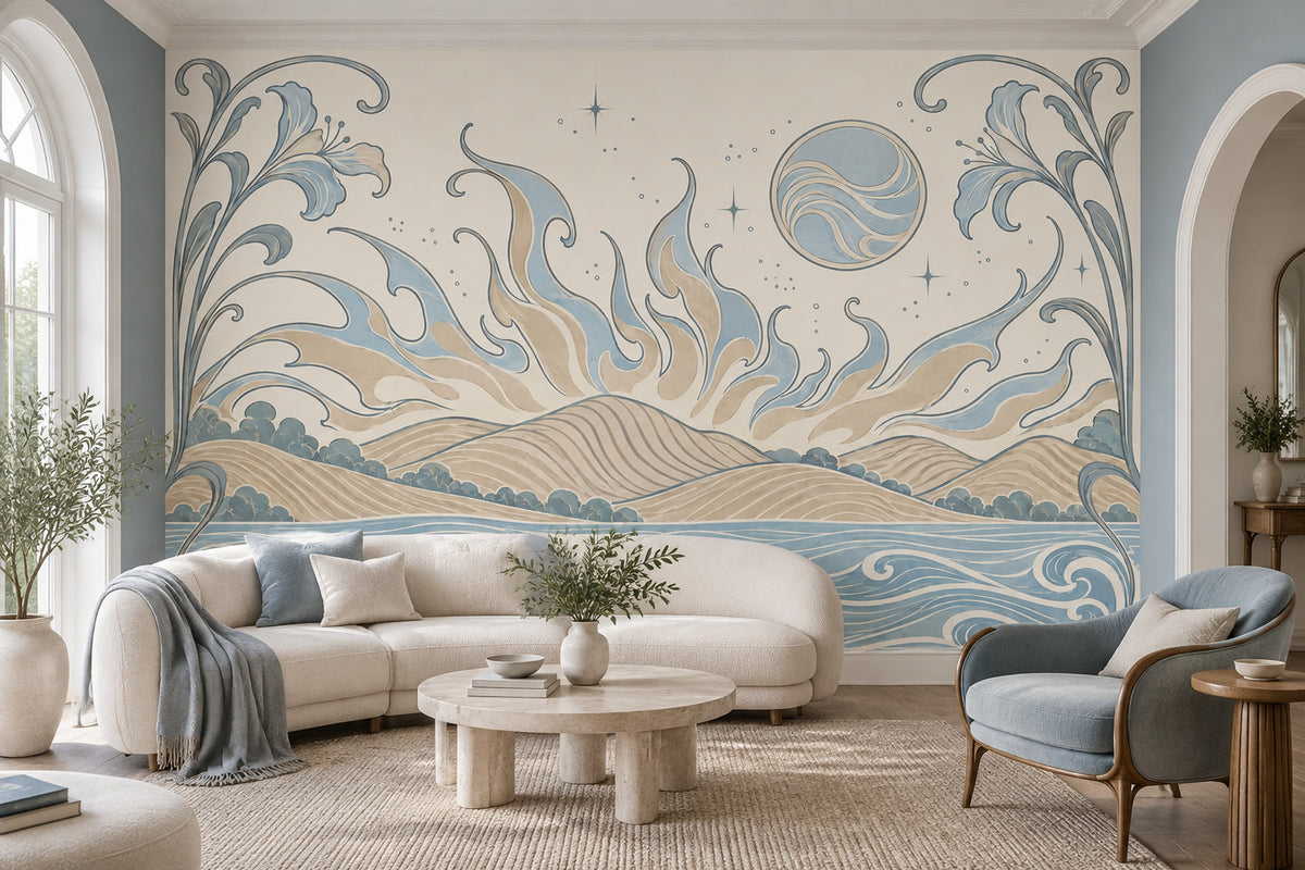 Art Nouveau Coastal Landscape Wallpaper Celestial Floral Border Wall Mural