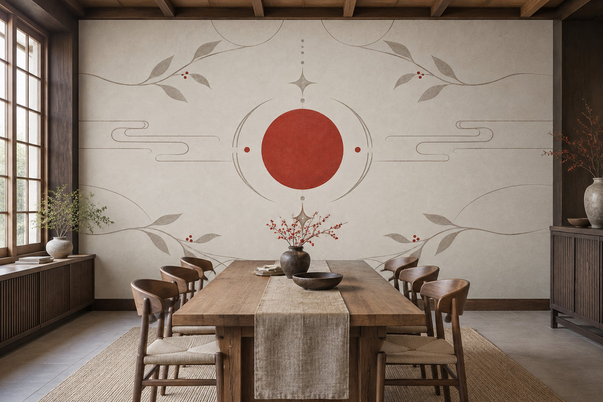 Red Sun Branches Wallpaper Minimal Chinoiserie Wall Mural