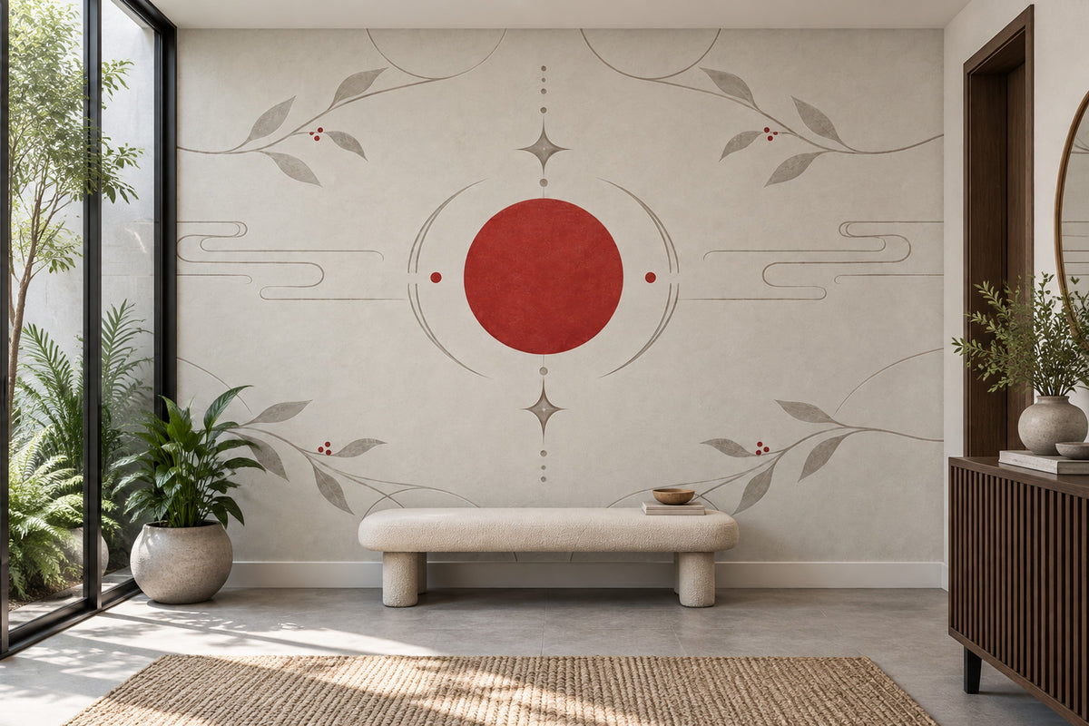 Red Sun Branches Wallpaper Minimal Chinoiserie Wall Mural