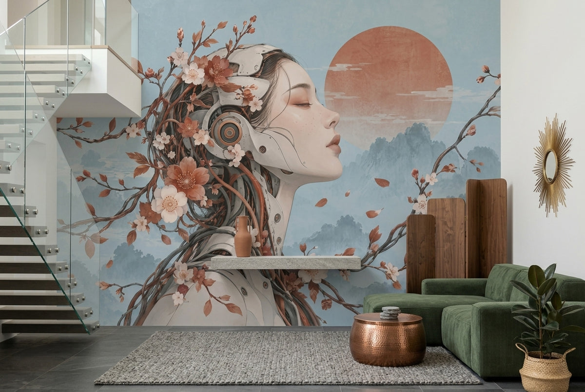Cyborg Woman Portrait Wallpaper Red Sun Landscape Wall Mural
