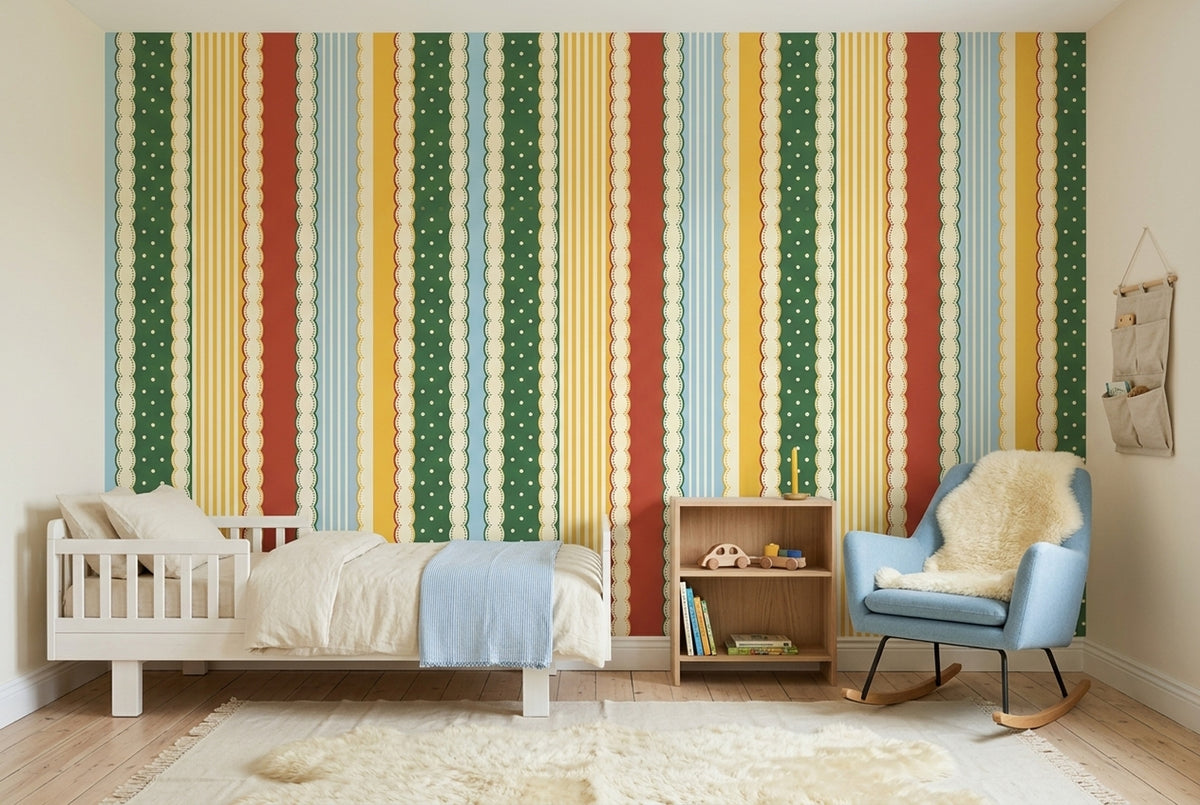 Retro Vertical Stripes Wallpaper Polka Dot Scalloped Border Wall Mural