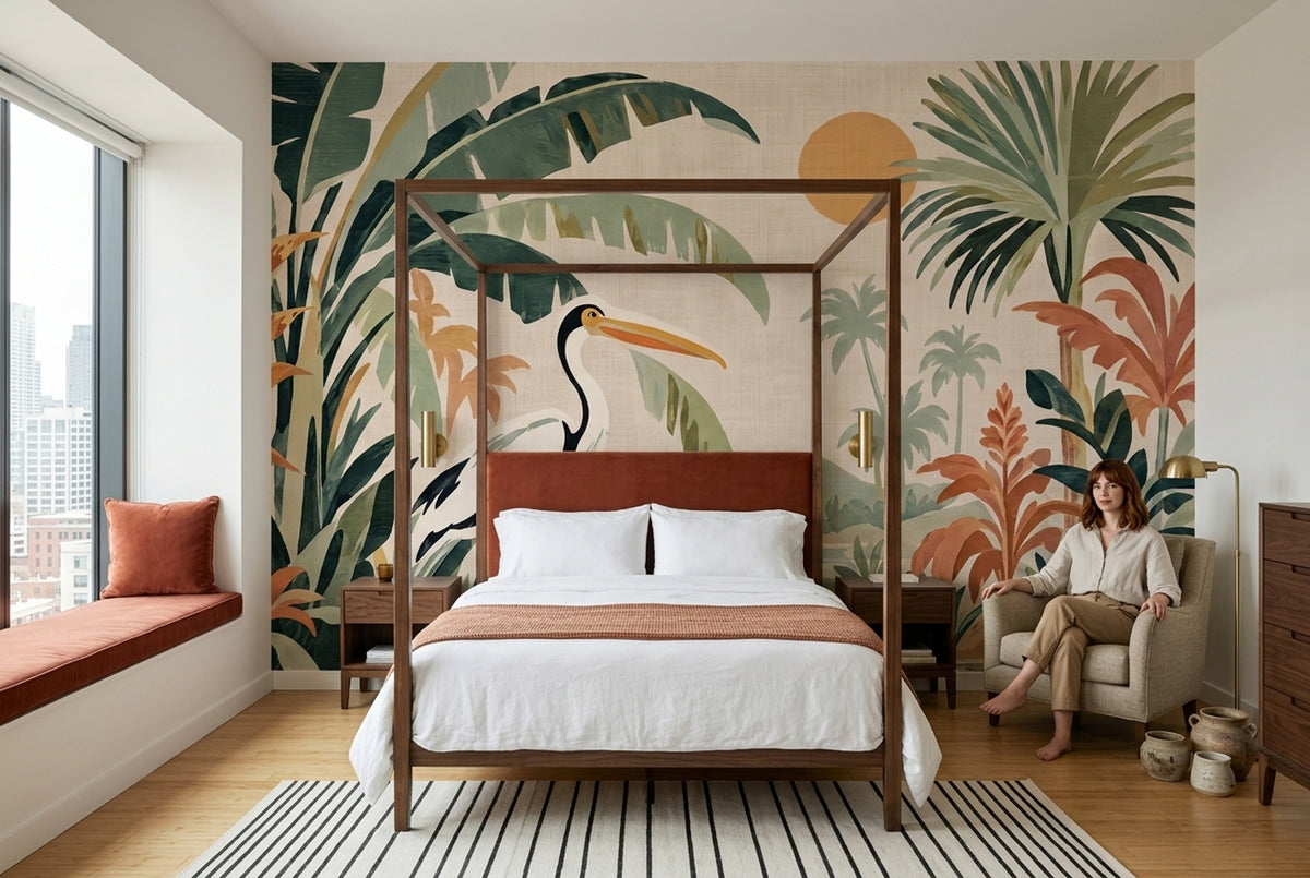 Tropical Lagoon Bird Wallpaper Watercolor Botanical Wall Mural