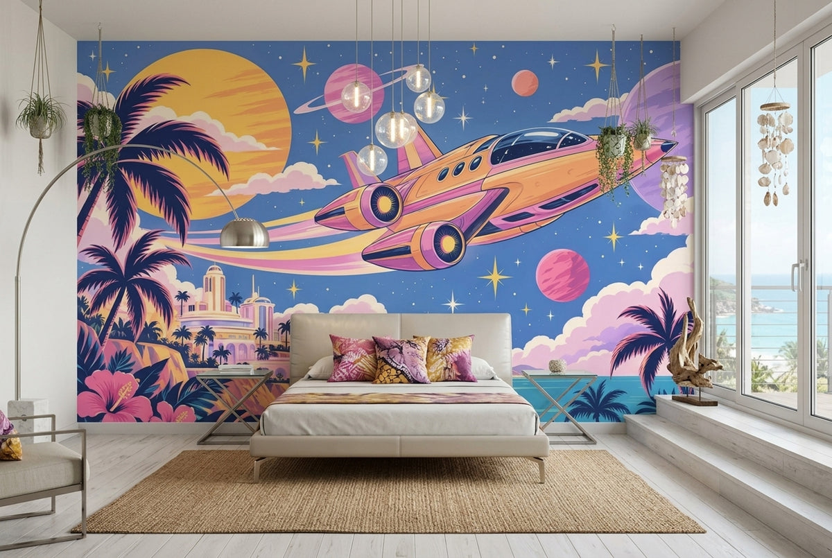 Retro Futuristic Spaceship Wallpaper Tropical Coast Wall Mural