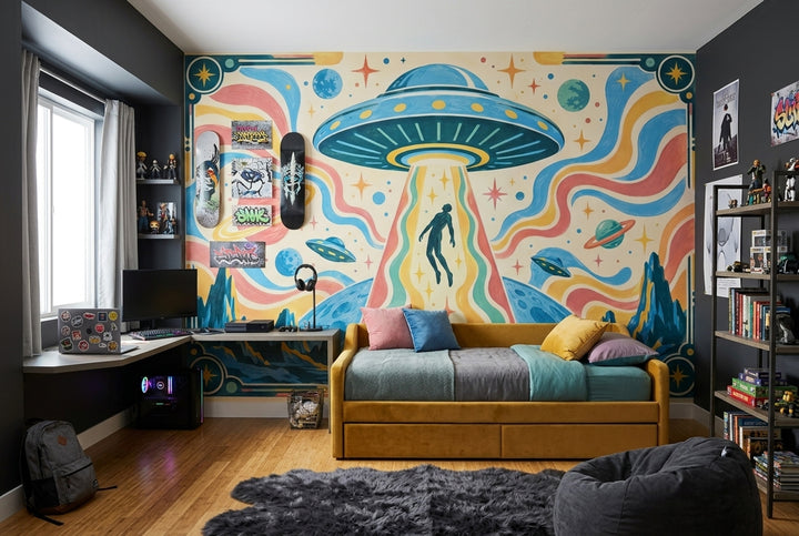 UFO Abduction Wallpaper Retro Sci Fi Wall Mural