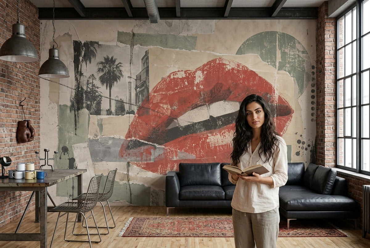 Red Lips Collage Wallpaper Urban Grunge Texture Wall Mural