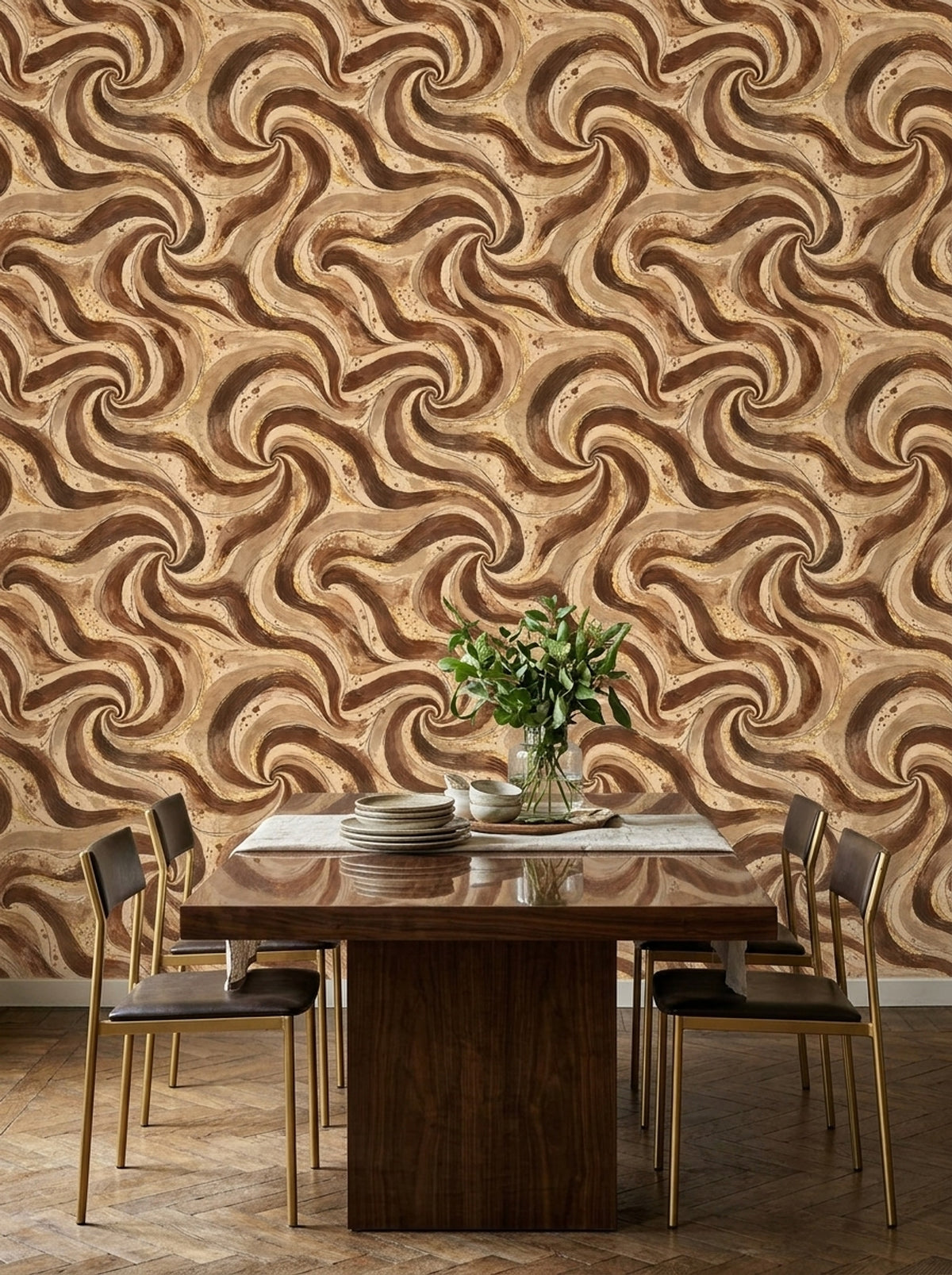 Abstract Swirl Wallpaper Brown Marble With Gold Accents