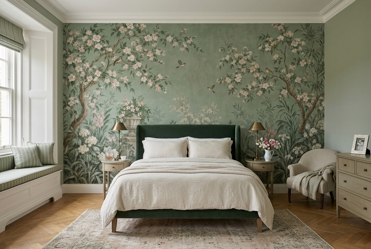 Chinoiserie Garden Birds Wallpaper Muted Green Wall Mural