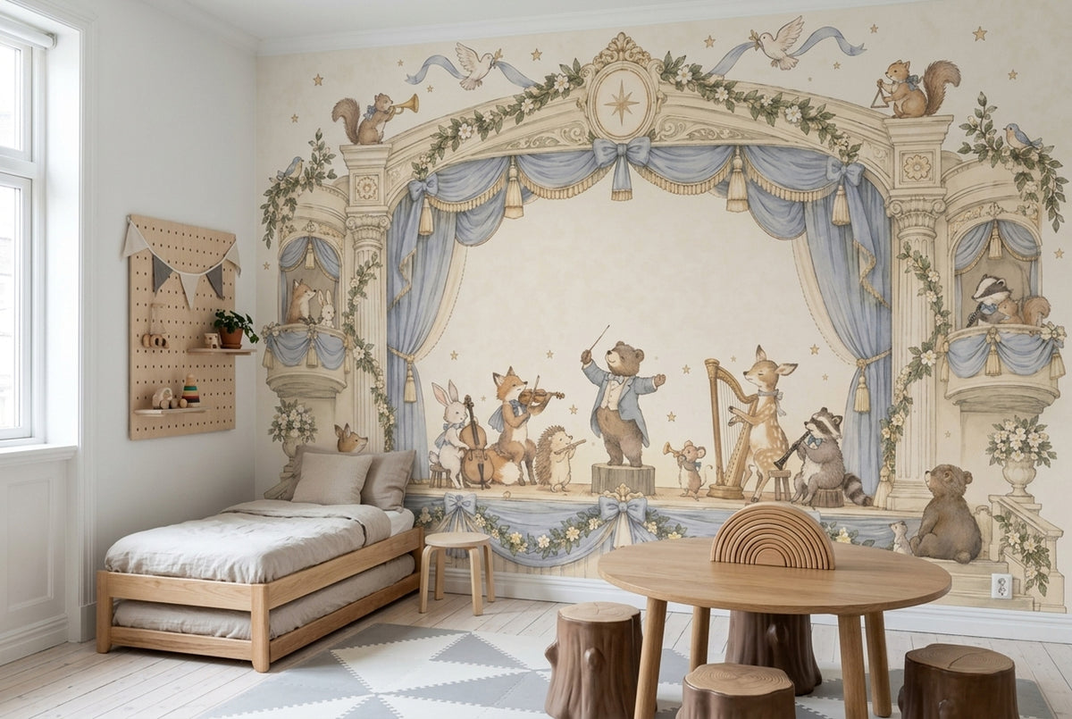 Woodland Animal Orchestra Wallpaper Blue Curtain Theater Wall Mural