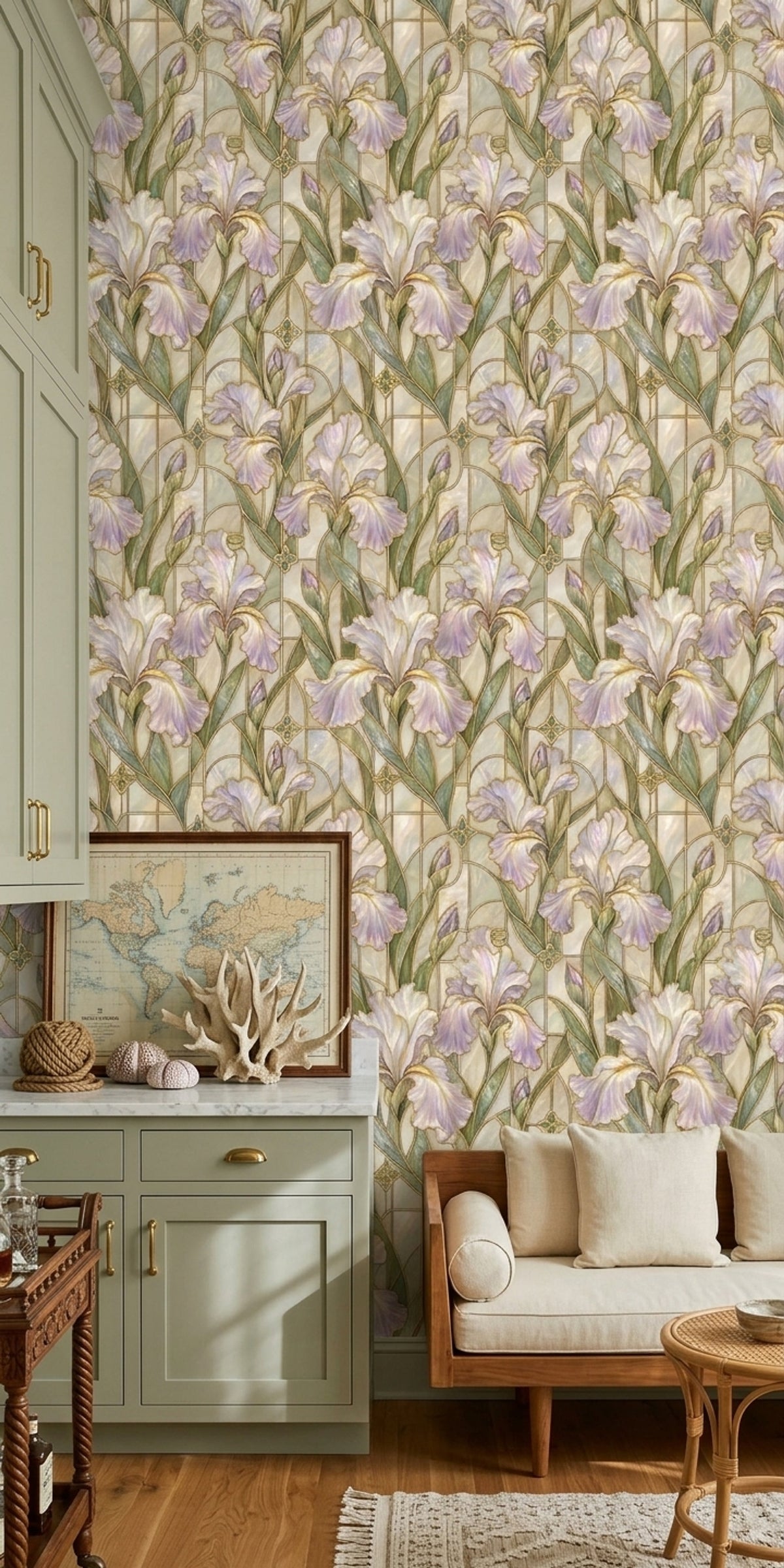 Iris Flowers Wallpaper Stained Glass Gold Outline Ivory