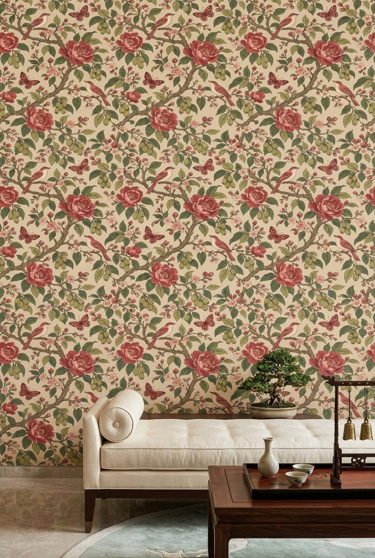Pink Cherry Blossom Birds Wallpaper Chinoiserie Floral Pattern