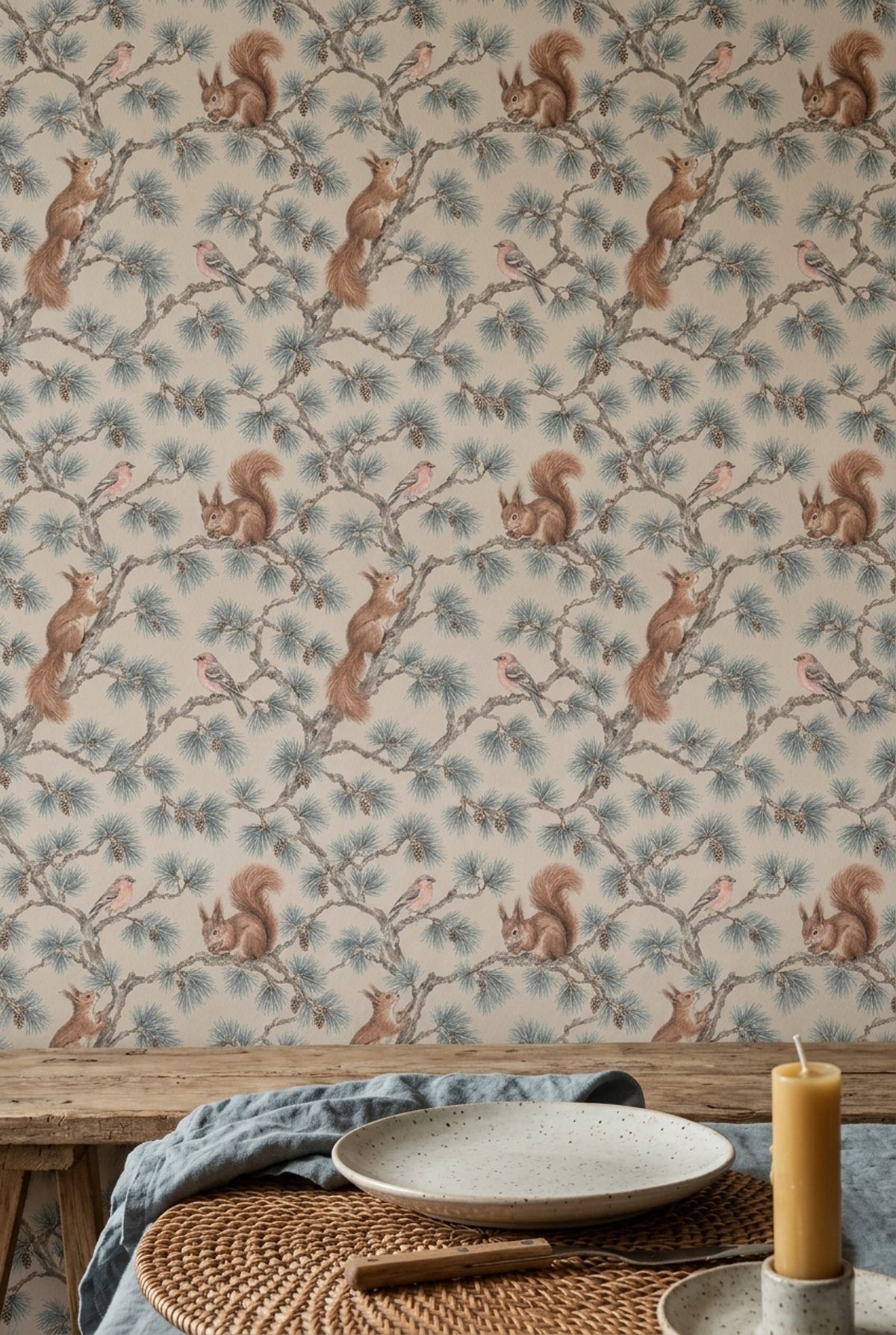 Woodland Wallpaper Pine Branches Squirrels And Birds Pattern