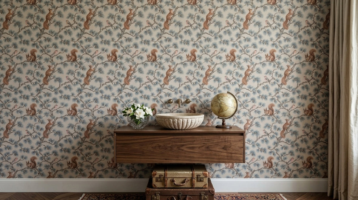 Woodland Wallpaper Pine Branches Squirrels And Birds Pattern
