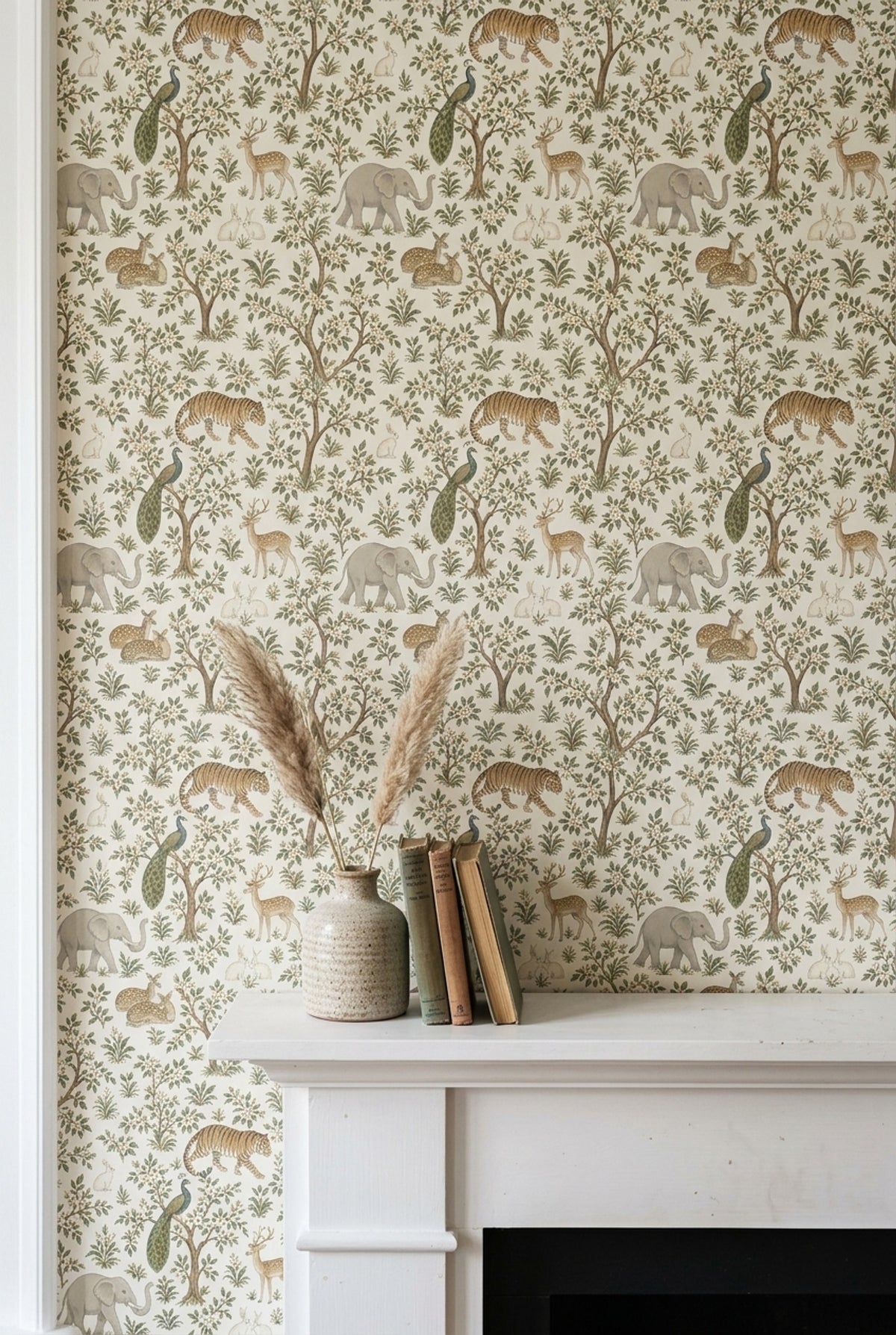 Safari Animals Wallpaper Chinoiserie Floral Branches Ivory Background