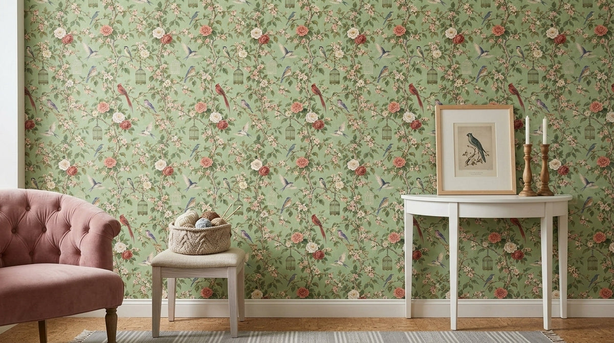 Blossom Birds Wallpaper Sage Green Chinoiserie Pattern