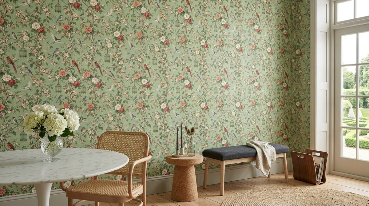 Blossom Birds Wallpaper Sage Green Chinoiserie Pattern