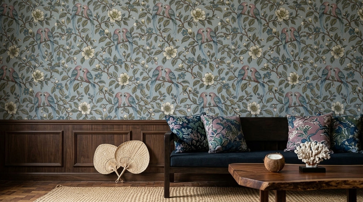 Parrot Pairs Wallpaper Chinoiserie Floral Branch Pattern