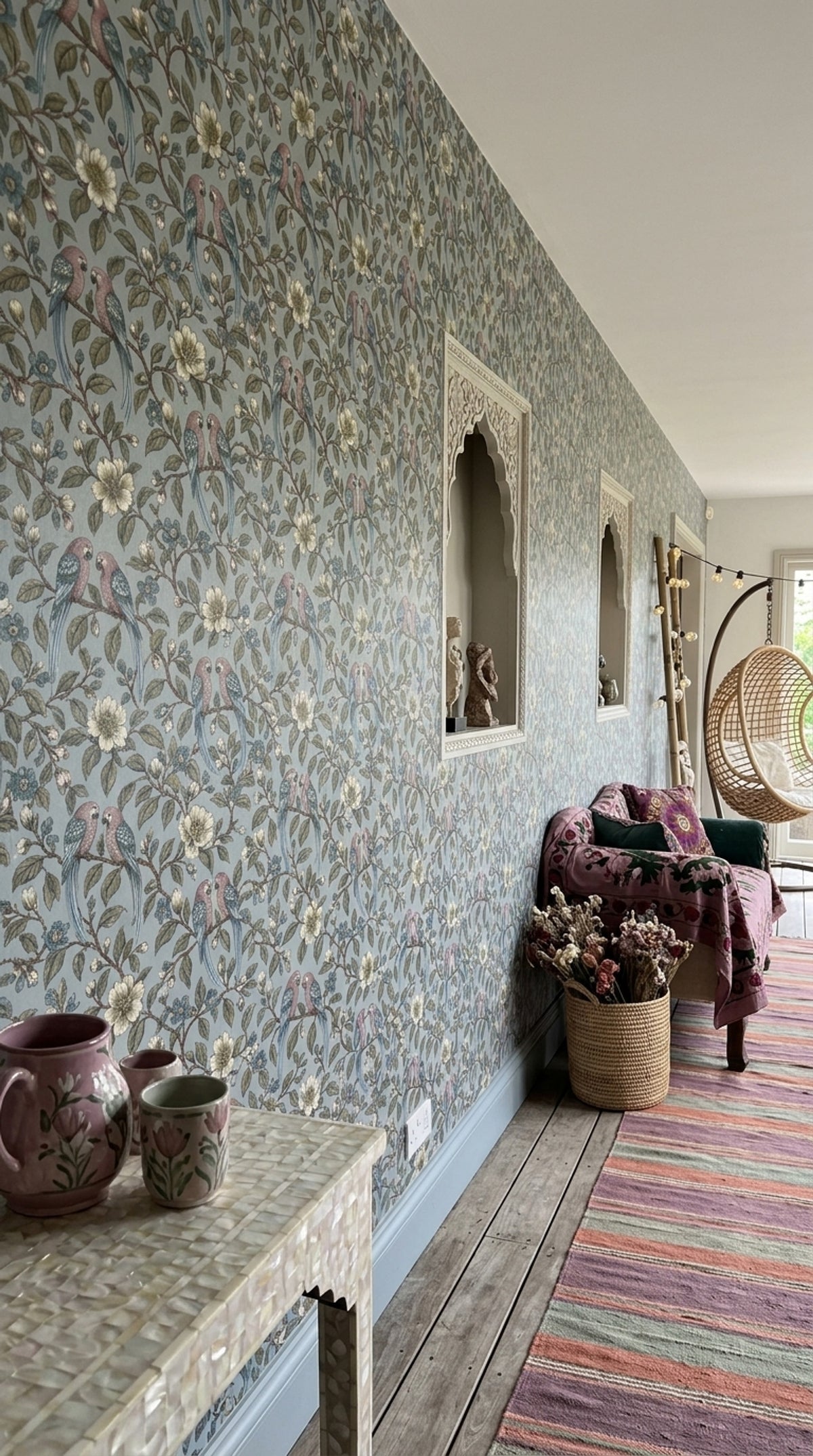 Parrot Pairs Wallpaper Chinoiserie Floral Branch Pattern