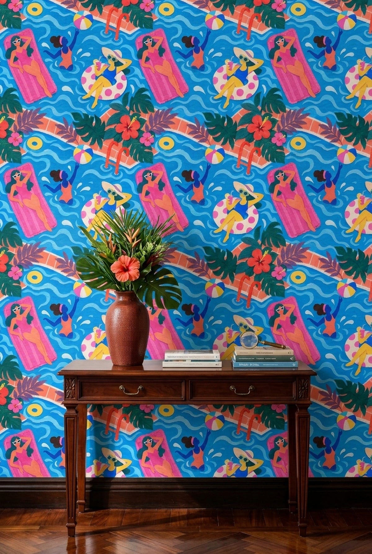 Swimming Pool Party Wallpaper Tropical Collage Pattern
