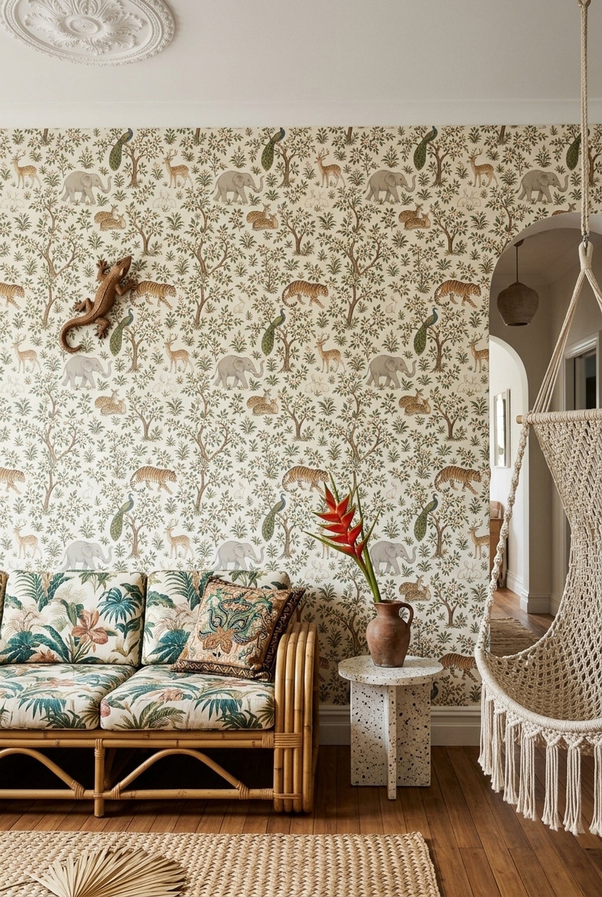 Safari Animals Wallpaper Chinoiserie Floral Branches Ivory Background