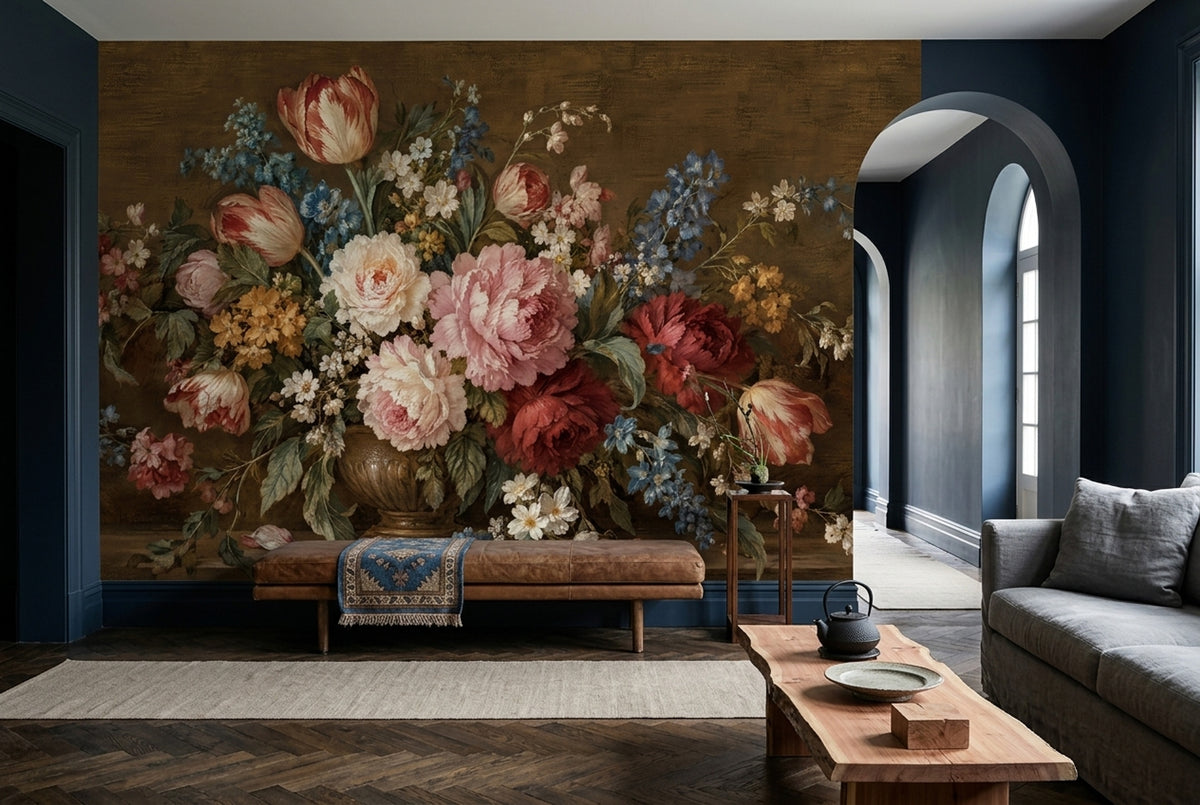 Vintage Vase Floral Wallpaper Dark Wall Mural