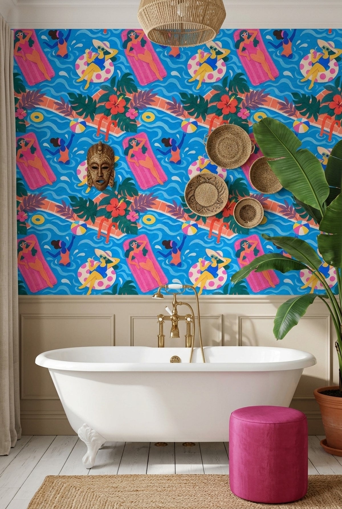 Swimming Pool Party Wallpaper Tropical Collage Pattern