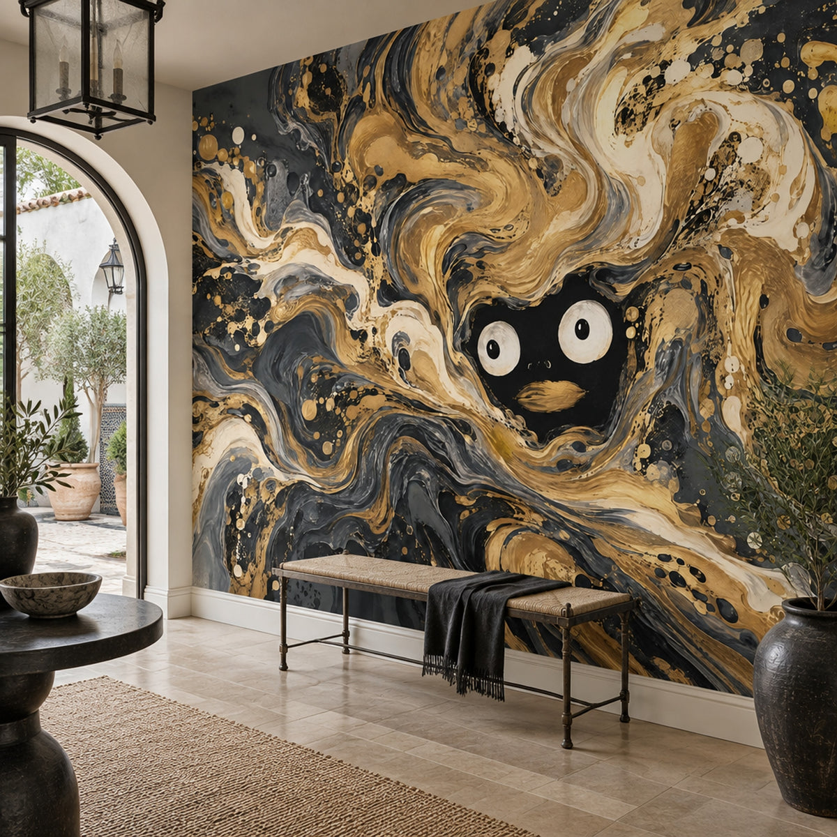 Abstract Face Swirl Wallpaper Black Gold Wall Mural