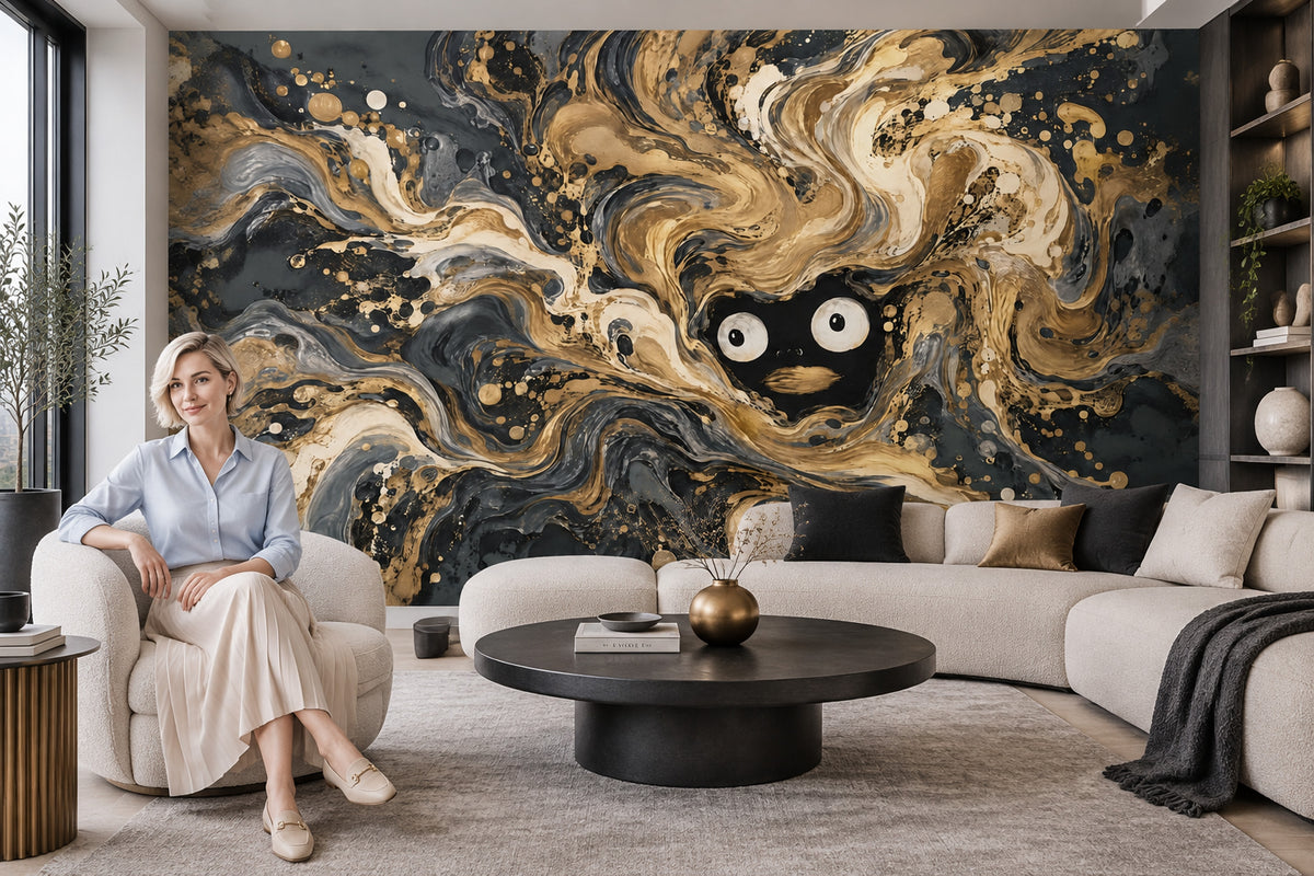 Abstract Face Swirl Wallpaper Black Gold Wall Mural