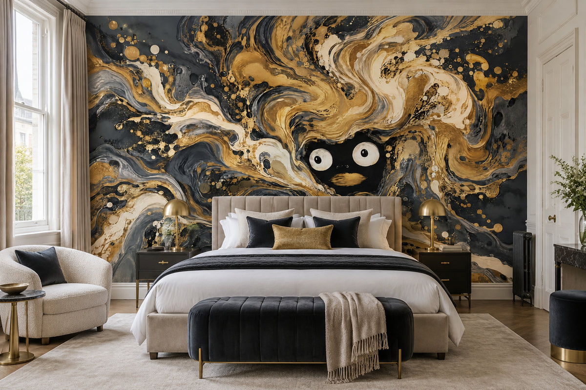 Abstract Face Swirl Wallpaper Black Gold Wall Mural