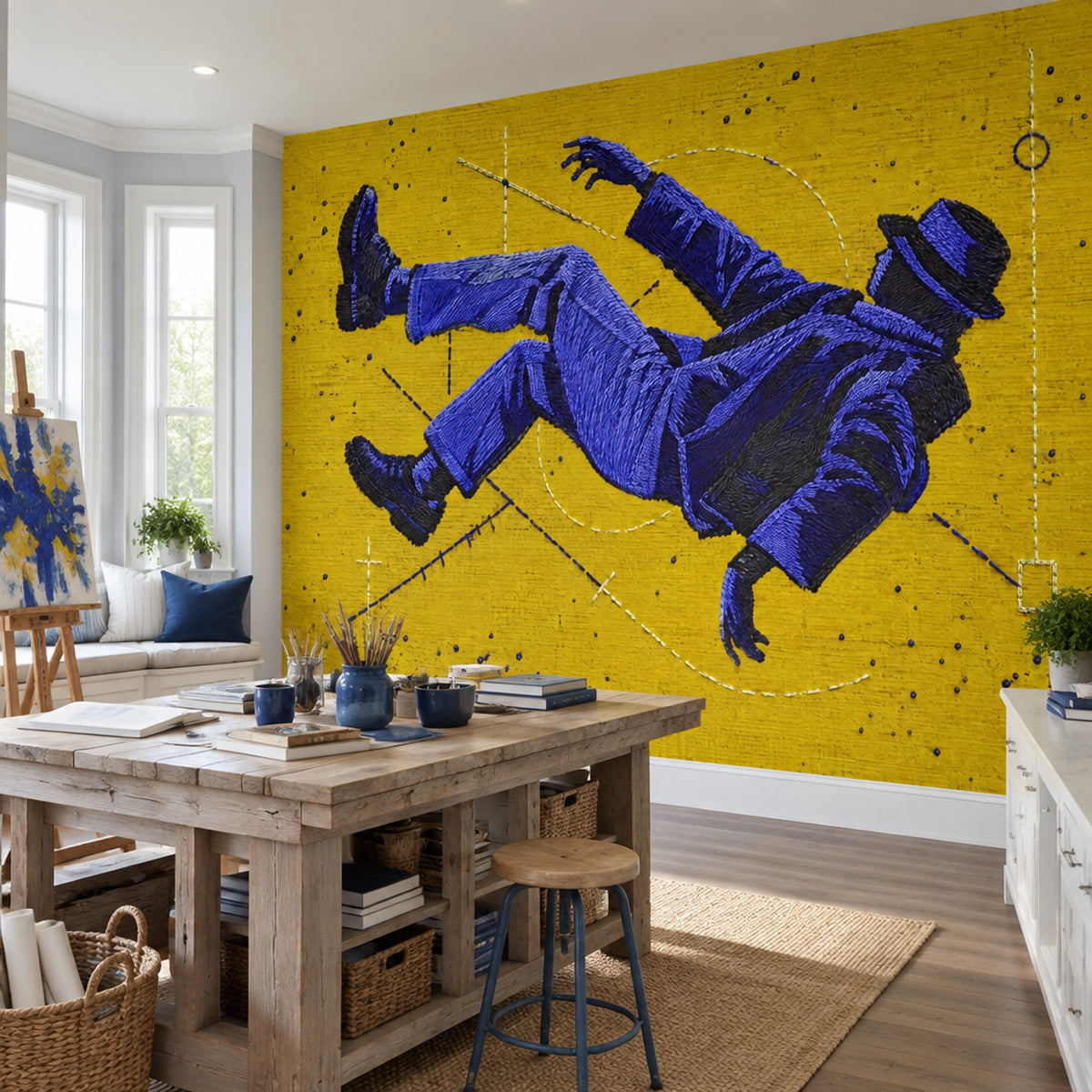 Floating Embroidered Figure Wallpaper Yellow Graphic Wall Mural