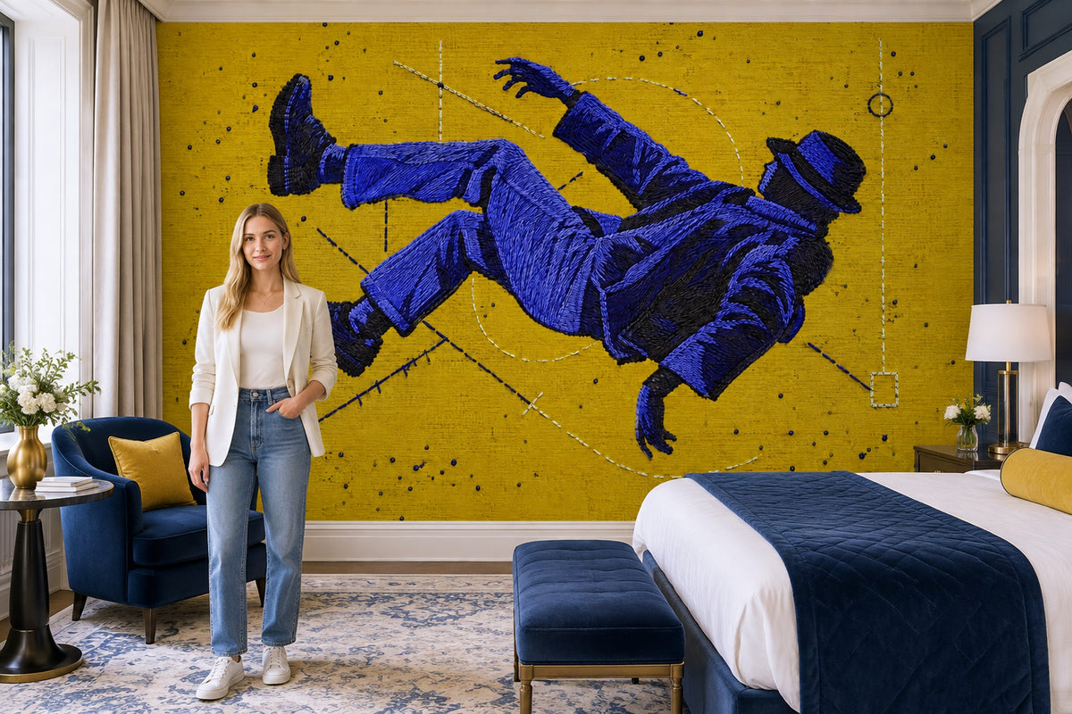 Floating Embroidered Figure Wallpaper Yellow Graphic Wall Mural