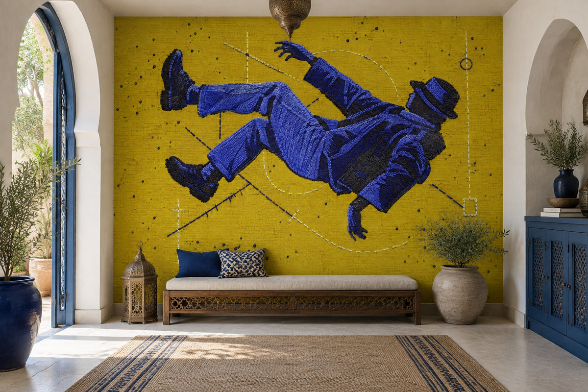 Floating Embroidered Figure Wallpaper Yellow Graphic Wall Mural