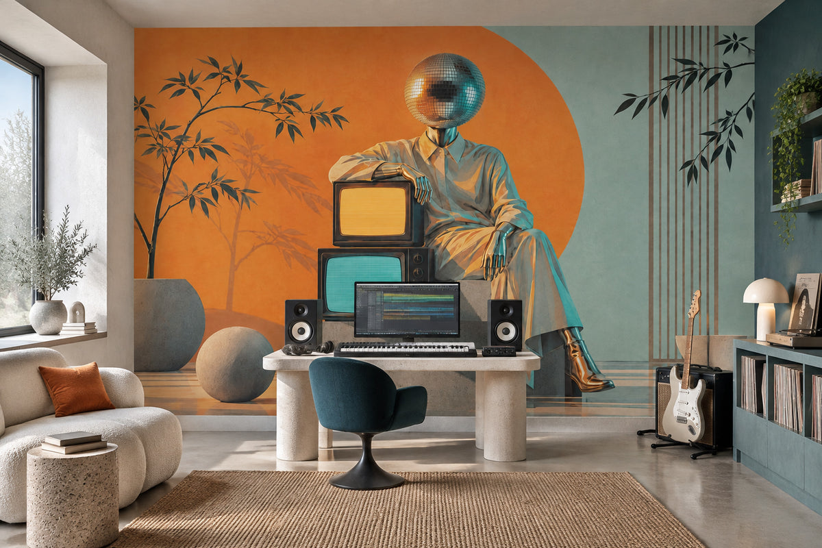 Disco Head Figure Wallpaper Retro Futurist Wall Mural